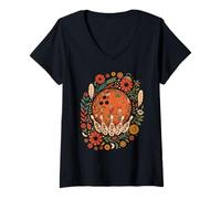Mujer Boho Bowling Ball and Pins Folk Camiseta Cuello V