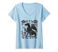 Mujer Boho Dragón Bebiendo Café Arte Popular Bestia Mítica Camiseta Cuello V