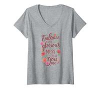 Mujer Boho Floral Embrace Glorious Mess - Cita inspiradora Camiseta Cuello V