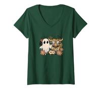 Mujer Boho Ghost Highland Cow Autumn Woman Fall Camiseta Cuello V