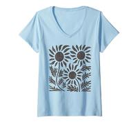 Mujer Boho Girasol Oscuro Flor Silvestre Floral Botánico Camiseta Cuello V