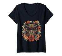Mujer Boho Owl Camiseta - Floral Sugar Skull Mandala Art Design Camiseta Cuello V