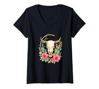 Mujer Boho Western Bull Skull Floral Cactus Watercolor Camiseta Cuello V