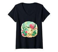 Mujer Boho Western Floral Cow Skull Desert Cactus Watercolor Camiseta Cuello V
