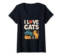 Mujer Bola de Hilo I Love Cats Playful Kittens Camiseta Cuello V