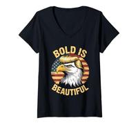 Mujer Bold is Beautiful 4 de julio USA Patriotic Funny Bald Eagle Camiseta Cuello V