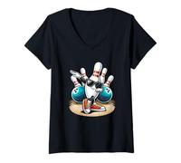 Mujer Bolos de Bolos Dabbing Gafas de Sol Jugador de Bolos 2 Pernos y Bola Camiseta Cuello V