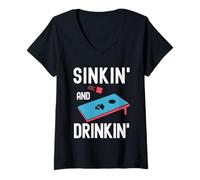 Mujer Bolsa de frijoles divertida para hundir y beber Cornhole Camiseta Cuello V