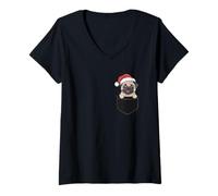 Mujer Bolsillo de Carlino, Pug de Navidad en un Bolsillo, Sombrero de Papá Noel Camiseta Cuello V