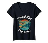 Mujer Bombardino Crocodilo Italiano Brainrot Meme Retro Puesta del Sol Hombres Camiseta Cuello V