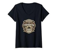 Mujer Bombero Honor Coraje Sacrificio Servicio Cruz de Malta Camiseta Cuello V