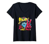 Mujer Bombero Signo de Paz Retro Pop héroe gráfico Gesto Fuego Camiseta Cuello V