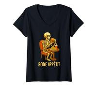 Mujer Bone Appétit Funny Halloween Burger Skeleton Eating Burger Camiseta Cuello V