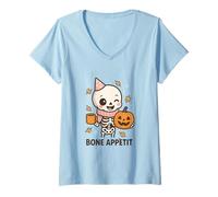 Mujer Bone Appétit Lindo Esqueleto Calabaza café Halloween diseño Camiseta Cuello V