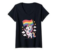 Mujer Bonita bandera del orgullo de unicornio kawaii - Bi / Pan / Trans LGBTQ Art Camiseta Cuello V