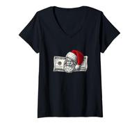 Mujer Bonita Cara de Papá Noel con Dinero para fanáticos de dólares y Dinero en Efectivo Camiseta Cuello V