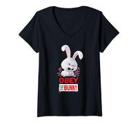 Mujer Bonita expresión de Obey The Bunny Pets, Divertida y Divertida Camiseta Cuello V