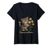 Mujer Bonita flor vintage con forma de margarita con forma de gato Forever or Never Camiseta Cuello V