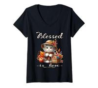 Mujer Bonita Gorra y Gatito Blanco Vintage de Blessed Is Best para otoño y otoño Camiseta Cuello V
