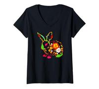 Mujer Bonita Primavera Flor Silueta Conejo Lindo Conejito Camiseta Cuello V
