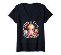 Mujer Bonita temática de Sun & Fun Octopus Beach Camiseta Cuello V