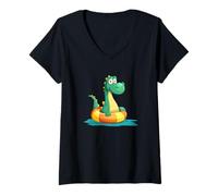 Mujer Bonitas Vacaciones de Dinosaurios en Anillo de Piscina para Dinosaurios Camiseta Cuello V