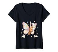 Mujer Bonito Conejo de Pascua con Huevos caprichoso Arte de Mariposa Camiseta Cuello V