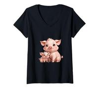 Mujer Bonito diseño de mamá cerdita y Cerdito bebé Camiseta Cuello V