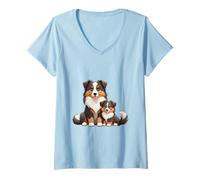 Mujer Bonito diseño de Perro Pastor Australiano y Cachorro Camiseta Cuello V
