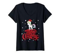 Mujer Bonito Disfraz de Unicornio con Gorro de Papá Noel para Fiesta de Nochebuena Camiseta Cuello V