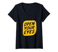 Mujer Bonito Emblema Amarillo Abre Tus Ojos Camiseta Cuello V
