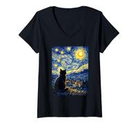 Mujer Bonito Gato Negro pacífico Inspirado en la Noche Estrellada de Van Gogh Camiseta Cuello V
