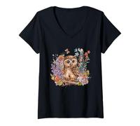 Mujer Bonito gráfico de Cottagecore con diseño de búho Floral para niñas y Mujeres Camiseta Cuello V