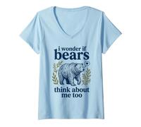 Mujer Bonito gráfico de Oso con Texto en inglés I Wonder If Bears Think About Me Too Camiseta Cuello V