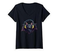 Mujer Bonito murciélago con Auriculares trae un Atuendo Nocturno Camiseta Cuello V