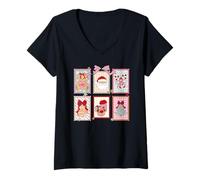 Mujer Bonito Oso de bastón de Caramelo de árbol de Papá Noel, diseño de Patchwork de Camiseta Cuello V