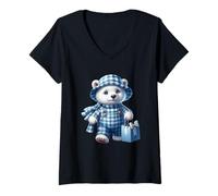 Mujer Bonito Oso de Peluche a Cuadros Azules Camiseta Cuello V