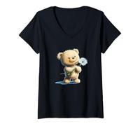 Mujer Bonito oso de peluche con diente de león para un toque caprichoso Camiseta Cuello V