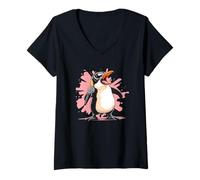 Mujer Bonito pingüino con micrófono para los Amantes del Canto y el Karaoke Camiseta Cuello V