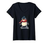 Mujer Bonito pingüino de patineta para patinadores y amantes de los pingüinos lindos Camiseta Cuello V