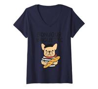 Mujer Bonjour Baguette Bulldog Francés Cachorro Parisino Camiseta Cuello V
