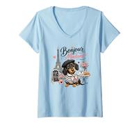 Mujer Bonjour Madame Dachshund Paris Café Amante de los Perros Camiseta Cuello V