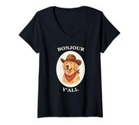 Mujer Bonjour Y'all Cowboy Golden Dog Retriever French Amante Camiseta Cuello V