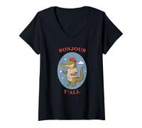 Mujer Bonjour Y'all Funny France Cocodrilo Camiseta Cuello V