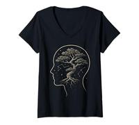 Mujer Bonsái Árbol Cerebro Mente Crecimiento Zen Naturaleza Estrellas Cósmico Calma Camiseta Cuello V