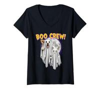 Mujer Boo Crew Halloween Dog and Cat Ghost Moon Disfraz Camiseta Cuello V