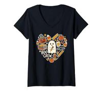 Mujer Boo Crew Teacher Halloween Corazón Doodle Spooky Camiseta Cuello V