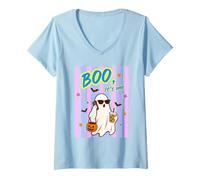 Mujer Boo Ghost Gafas de Sol Teléfono Café Helado Halloween Camiseta Cuello V
