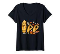 Mujer Boo Hands Orgullo de lenguaje de señas Americano ASL Halloween Bruja Camiseta Cuello V