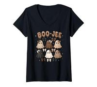 Mujer Boo-JEE Cute Ghost Coquette Bow Halloween Camiseta Cuello V